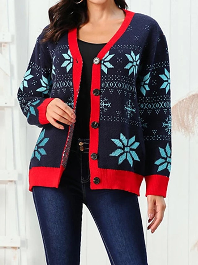 Women's Ugly Christmas Sweater Cardigan Sweater Jacket V Neck Ribbed Knit Acrylic Button Knitted Print Fall Winter Regular Outdoor Christmas Daily Stylish Casual Soft Long Sleeve Snowflake Navy Blue 6 Women's Ugly Christmas Sweater Cardigan Sweater Jacket V Neck Ribbed Knit Acrylic Button Knitted Print Fall Winter Regular Outdoor Christmas Daily Stylish Casual Soft Long Sleeve Snowflake Navy Blue - Image 4