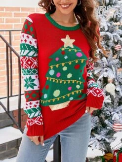 Women's UglyChristmas Sweater Pullover Sweater Jumper Crew Neck Chunky Knit Acrylic Embroidered Drop Shoulder Spring Fall Winter Regular Party Xmas Stylish Casual Long Sleeve Christmas Tree Red