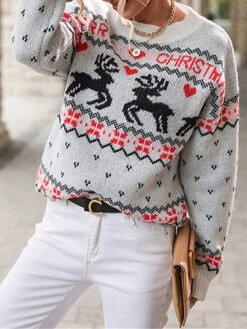 Women's Ugly Christmas Sweater Pullover Sweater Jumper Crew Neck Ribbed Knit Polyester Patchwork Fall Winter Regular Outdoor Christmas Daily Stylish Casual Soft Long Sleeve Heart Elk White S M L -Xmas Cothing Store icpagg1697103875152