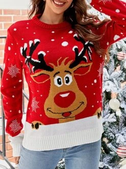 Women's Ugly Christmas Sweater Pullover Sweater Jumper Turtleneck Ribbed Knit Acrylic Patchwork Fall Winter Regular Xmas Daily Going Out Stylish Casual Soft Long Sleeve Elk Black Red S M L -Xmas Cothing Store icqgkv1695029176922