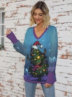 Women's Pullover Sweater Jumper V Neck Ribbed Knit Print Fall Winter Regular Christmas Stylish Soft Long Sleeve Santa Claus Xmas Tree Red Purple S M L -Xmas Cothing Store idhler1697106102388