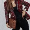 Women's Christmas Blazer Xmas Tweed Blazer Jacket Plaid Print Office Formal Casual Winter Coat Double Breasted Lapel Jacket Warm Fashion Outerwear Long Sleeve Fall Wine S -Xmas Cothing Store idjsdv1695693128954