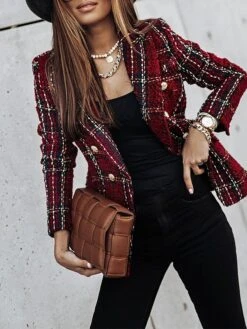 Women's Christmas Blazer Xmas Tweed Blazer Jacket Plaid Print Office Formal Casual Winter Coat Double Breasted Lapel Jacket Warm Fashion Outerwear Long Sleeve Fall Wine S