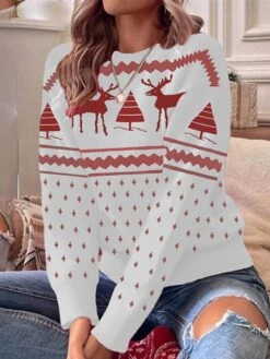 Women's Ugly Christmas Sweater Pullover Sweater Jumper Crew Neck Crochet Knit Polyester Knitted Fall Winter Outdoor Christmas Holiday Stylish Casual Soft Long Sleeve Elk Xmas Tree White Red Green -Xmas Cothing Store idunme1667528982959