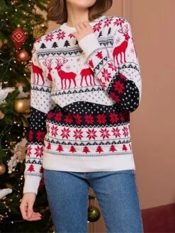 Women's Pullover Sweater Jumper Crew Neck Ribbed Knit Polyester Oversized Fall Winter Short Christmas Daily Going Out Xmas Stylish Casual Soft Long Sleeve Elk Snowflake White-Men's White-women's Model -Xmas Cothing Store idupxb1695175909330