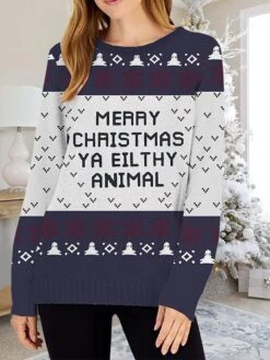 Women's Ugly Christmas Sweater Pullover Sweater Jumper Crew Neck Ribbed Knit Polyester Print Fall Winter Regular Outdoor Xmas Holiday Stylish Casual Soft Long Sleeve Letter Red Purple S M L -Xmas Cothing Store ieemxg1695383355359