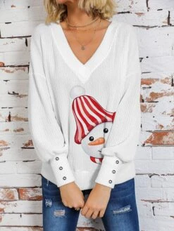 Women's Christmas Sweater Pullover Sweater Jumper V Neck Crochet Knit Print Drop Shoulder Fall Winter Regular Christmas Stylish Casual Soft Long Sleeve Santa Claus Snowman White Wine S M L -Xmas Cothing Store ieghbh1697104477510