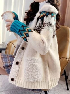 Women's Ugly Christmas Sweater Cardigan Sweater Shirt Collar Ribbed Knit Polyester Button Pocket Fall Winter Regular Outdoor Christmas Daily Stylish Casual Soft Long Sleeve Geometric Snowflake Red -Xmas Cothing Store iegzdk1696903336452