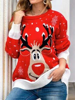 Women's Ugly Christmas Sweater Pullover Sweater Jumper Crew Neck Ribbed Knit Polyester Patchwork Fall Winter Regular Xmas Daily Going Out Stylish Casual Soft Long Sleeve Elk Snowflake Black Red -Xmas Cothing Store ifatab1695209491790