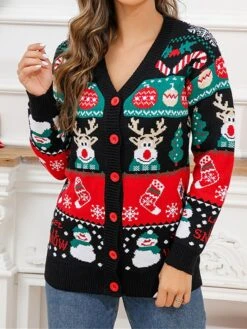 Women's Ugly Christmas Sweater Cardigan Sweater V Neck Ribbed Knit Knit Button Fall Winter Regular Outdoor Christmas Daily Stylish Casual Soft Long Sleeve Elk Snowman Xmas Tree Black S M L