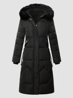 Women's Puffer Jacket Long With Pockets Fur Collar Coat Black Khaki Off-white Red Stylish Christmas Winter Zipper Hoodie Regular Fit L XL XXL XXXL / Daily / Casual / Windproof / Solid Color -Xmas Cothing Store iickqk1659940774432