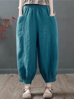 Women‘s Bloomers Baggy Cropped Pants Ankle-Length Cotton Pocket Cotton Linen Micro-elastic High Waist Streetwear Xmas Simple Outdoor Christmas Rice White Black M L Summer Fall -Xmas Cothing Store iijbct1690959766891