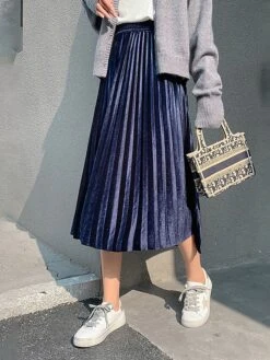 Women's Skirt A Line Swing Midi Gold Velvet Wine Red Black Pink Navy Blue Skirts Fall & Winter Pleated High Waist Fashion Elegant Christmas Xmas Street M L XL -Xmas Cothing Store iimmrb1694689577652