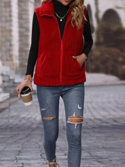 Women's Winter Coat Sherpa Vest Fleece Sleeveless Teddy Coat Christmas Xmas Gilet Fall Thermal Warm Windproof Heated Jacket Zip Up Red Coat -Xmas Cothing Store iitmdz1692250145000