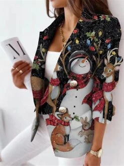 Women's Blazer Breathable Office Christmas Work Wear To Work With Pockets Print Double Breasted Turndown Modern Formal Office / Career Xmas Snowman Regular Fit Outerwear Long Sleeve Fall Winter -Xmas Cothing Store iitufo1667816402176