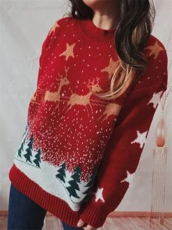 Women's Ugly Christmas Sweater Pullover Sweater Jumper Crew Neck Ribbed Knit Polyester Oversized Fall Winter Regular Outdoor Xmas Daily Stylish Casual Soft Long Sleeve Star Elk Christmas Tree Red -Xmas Cothing Store ijgcbi1696823464217