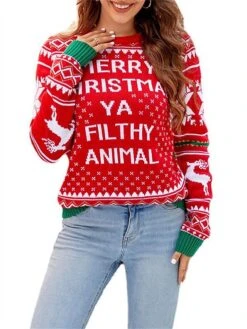 Women's Ugly Christmas Sweater Pullover Sweater Jumper Crew Neck Ribbed Knit Acrylic Oversized Fall Winter Short Xmas Daily Going Out Stylish Casual Soft Long Sleeve Letter Elk Snowflake 1052 -Xmas Cothing Store ilwpsx1695262581323