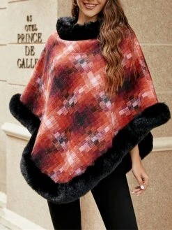 Women's Cloak / Capes Faux Fur Trim Christmas Party Pullover Hoodie Warm Street Daily Wear Vacation Fashion Street Xmas Style Plaid Regular Fit Outerwear Long Sleeve Fall Winter Blue Fuchsia Orange -Xmas Cothing Store inimht1692950033468