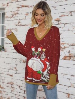 Women's Sweater Dress Turtleneck Ribbed Knit Print Fall Winter Long Christmas Xmas Stylish Soft Long Sleeve Animal Santa Claus Wine Green S M L