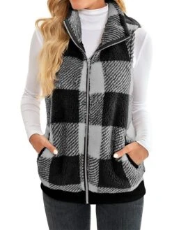 Women's Teddy Vest Fleece Plaid Sleeveless Sherpa Coat Fall Winter Thermal Warm Christmas Outerwear With Pockets Stylish Contemporary Modern Style Jacket Sleeveless -Xmas Cothing Store ioifyy1692264941286