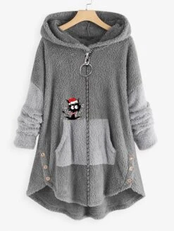 Women‘s Plus Size Christmas Fleece Jacket Teddy Coat Warm Button Pocket Animal Cat Causal Long Sleeve Hooded Regular Xmas Winter Fall Green Pink Dark Gray L XL XXL 3XL 4XL -Xmas Cothing Store ioubco1667564225998