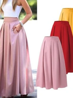 Women's Skirt Swing Work Skirt Maxi Cotton And Linen Red Black Yellow Pink Skirts Pocket Fashion Christmas Office / Career S M L -Xmas Cothing Store iowrli1644827789609