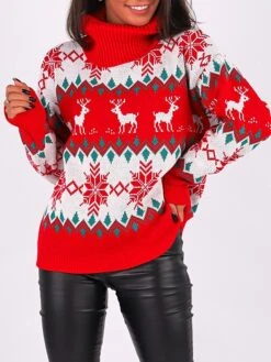 Women's Ugly Christmas Sweater Pullover Sweater Jumper Turtleneck Ribbed Knit Acrylic Oversized Fall Winter Regular Outdoor Christmas Daily Stylish Casual Soft Long Sleeve Elk Snowflake Black Red S M -Xmas Cothing Store iqbkhv1696903339679