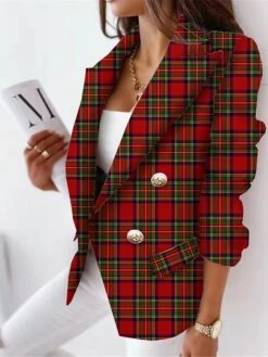 Women's Blazer Christmas Plaid Jacket Double Breasted Lapel Blazer With Pockets Fall Formal Office Elegant Modern Outerwear Xmas Long Sleeve Winter Wine Red