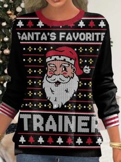 Women's Ugly Christmas Sweater Pullover Sweater Jumper Crew Neck Ribbed Knit Polyester Print Fall Winter Regular Outdoor Xmas Holiday Stylish Casual Soft Long Sleeve Santa Claus Print Black Red -Xmas Cothing Store irdpvt1695176571563