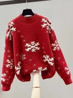 Women's Ugly Christmas Sweater Pullover Sweater Jumper Stand Collar Ribbed Knit Nylon Patchwork Fall Winter Regular Outdoor Christmas Daily Stylish Casual Soft Long Sleeve Snowflake Black Red One-Size -Xmas Cothing Store irlmga1697103866619