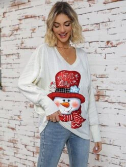 Women's Ugly Christmas Sweater Pullover Sweater Jumper V Neck Ribbed Knit Polyester Knitted Print Fall Winter Regular Outdoor Christmas Holiday Daily Stylish Casual Long Sleeve Snowman Snowflake Wine -Xmas Cothing Store issmap1697697968813