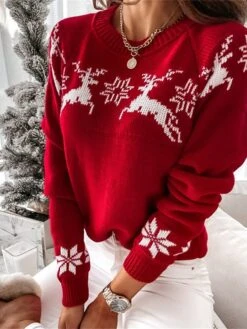 Women's Ugly Christmas Sweater Pullover Sweater Jumper Crew Neck Ribbed Knit Acrylic Patchwork Fall Winter Regular Outdoor Xmas Daily Stylish Casual Soft Long Sleeve Elk Snowflake White Red Green -Xmas Cothing Store isxyzw1695209519525