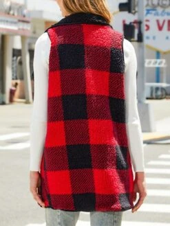 Women's Teddy Vest Winter Christmas Plaid Sleeveless Teddy Coat With Hood Fall Open Front Sherpa Jacket With Pockets Thermal Warm Windproof Casual Daily Street Xmas Jacket Red -Xmas Cothing Store itpcwz1694506003480