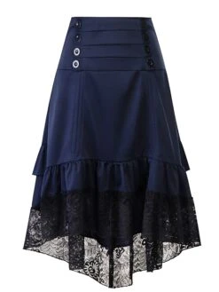 Women's Skirt Asymmetrical Polyester Lace Over Charmeuse Black Red Navy Blue Skirts Winter Ruffle Drawstring Side Button High Waist Steampunk® Retro Gothic Carnival Costumes Ladies Christmas -Xmas Cothing Store itzwij1635224754523