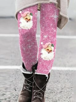 Women's Christmas Leggings Pink Full Length Vacation Fashion Pink XS 2XL Fall Winter