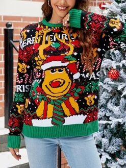 Women's Ugly Christmas Sweater Pullover Sweater Jumper Crew Neck Ribbed Knit Acrylic Patchwork Fall Winter Regular Xmas Daily Going Out Stylish Casual Soft Long Sleeve Animal Elk Snowman Black -Xmas Cothing Store ixicsc1695029200005