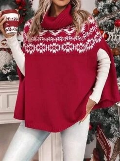 Women's Ugly Christmas Sweater Ugly Sweater Christmas Sweaters Turtleneck Ribbed Knit Polyester Knitted Print Fall Winter Regular Outdoor Christmas Daily Stylish Casual Soft Long Sleeve Geometric Red