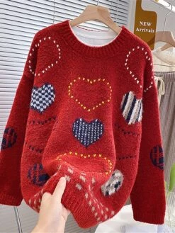 Women's Ugly Christmas Sweater Pullover Sweater Jumper Christmas Sweaters Crew Neck Ribbed Knit Acrylic Knitted Fall Winter Regular Outdoor Christmas Daily Fashion Casual Soft Long Sleeve Heart White