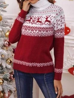 Women's Ugly Christmas Sweater Pullover Sweater Jumper Turtleneck Ribbed Knit Polyester Knitted Fall Winter Outdoor Xmas Holiday Stylish Casual Soft Long Sleeve Elk Snowflake Red S M L -Xmas Cothing Store ixrulw1666854036252