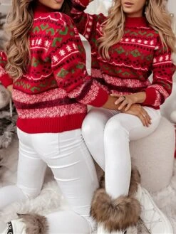 Women's Pullover Sweater Jumper Crew Neck Ribbed Knit Polyester Oversized Fall Winter Short Christmas Daily Going Out Xmas Stylish Casual Soft Long Sleeve Geometric Red S M L -Xmas Cothing Store iyjnzz1695209501361