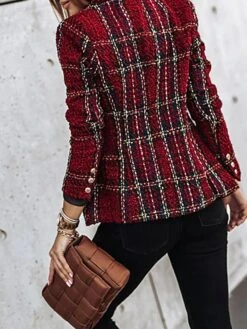 Women's Christmas Blazer Xmas Tweed Blazer Jacket Plaid Print Office Formal Casual Winter Coat Double Breasted Lapel Jacket Warm Fashion Outerwear Long Sleeve Fall Wine S -Xmas Cothing Store iylfqu1695639921593