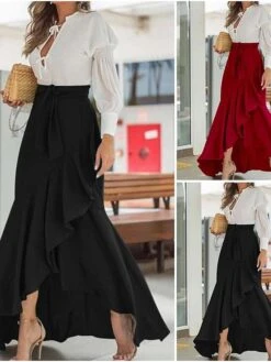 Women's Trumpet / Mermaid Wrap Christmas Skirts Wine Black Green Skirts Ruffle Asymmetric Hem Vintage Elegant Office Party Street S M L -Xmas Cothing Store iyrkzs1644474605701