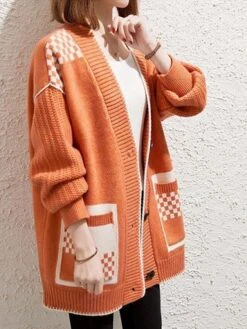 Women's Cardigan Sweater Open Front Ribbed Knit Polyester Button Pocket Fall Winter Short Outdoor Christmas Daily Stylish Casual Soft Long Sleeve Plaid Shallow Rice Red Orange One-Size Xmas -Xmas Cothing Store izdmbl1695262430041