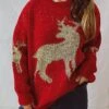 Women's Pullover Sweater Jumper Christmas Sweaters Crew Neck Chunky Knit Polyester Embroidery Spring Fall Winter Regular Christmas Daily New Year Fashion Daily Vintage Style Long Sleeve Elk Red Beige -Xmas Cothing Store jahbzl1697539824272