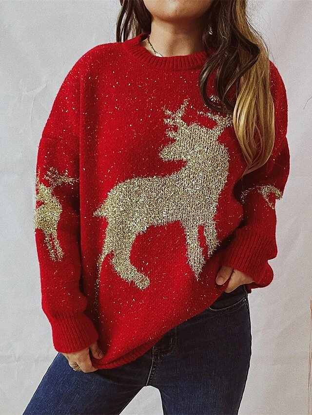 Women's Pullover Sweater Jumper Christmas Sweaters Crew Neck Chunky Knit Polyester Embroidery Spring Fall Winter Regular Christmas Daily New Year Fashion Daily Vintage Style Long Sleeve Elk Red Beige 3 Women's Pullover Sweater Jumper Christmas Sweaters Crew Neck Chunky Knit Polyester Embroidery Spring Fall Winter Regular Christmas Daily New Year Fashion Daily Vintage Style Long Sleeve Elk Red Beige