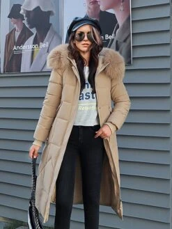 Women's Puffer Jacket Long With Pockets Fur Collar Coat Black Khaki Off-white Red Stylish Christmas Winter Zipper Hoodie Regular Fit L XL XXL XXXL / Daily / Casual / Windproof / Solid Color