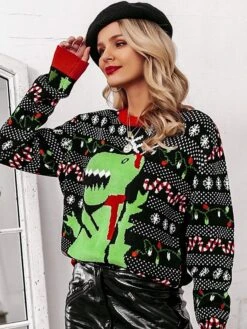Women's Ugly Sweater Jumper Crew Neck Knit Acrylic Knitted Fall Winter Christmas Daily Holiday Xmas Stylish Casual Long Sleeve Animal Snowflake Black S M L -Xmas Cothing Store jcgodo1636969162396
