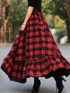 Women's Skirt Swing Xmas Work Skirts Long Skirt Maxi Cotton Blend Black Red Fuchsia Gray Skirts Autumn / Fall Ruffle Plaid Print Fashion Christmas Daily S M L