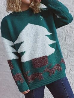 Women's Ugly Christmas Sweater Pullover Sweater Jumper Crew Neck Ribbed Knit Polyester Patchwork Fall Winter Regular Outdoor Christmas Daily Stylish Casual Soft Long Sleeve Elk Christmas Tree Red -Xmas Cothing Store jdatmw1696903351940
