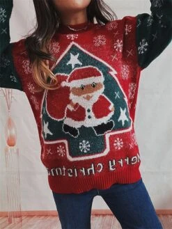 Women's Ugly Christmas Sweater Pullover Sweater Jumper Crew Neck Ribbed Knit Knit Patchwork Fall Winter Regular Outdoor Xmas Daily Stylish Casual Soft Long Sleeve Color Block Letter Santa Claus -Xmas Cothing Store jdisug1696918491892
